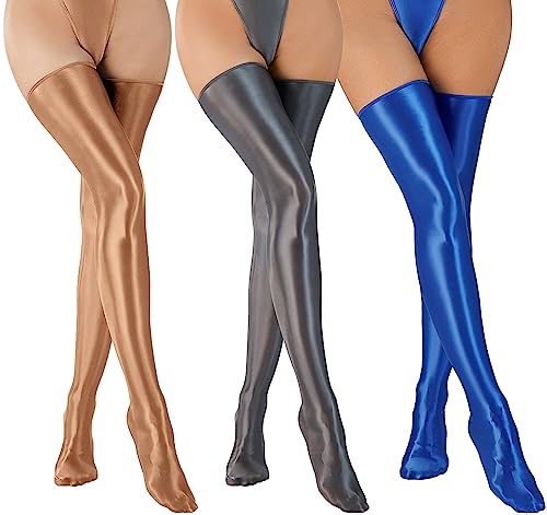 FEOYA Frauen Sexy Glänzende Seide Damen Socken Strumpfhosen Rutschig Ledersocken Hochelastische Oberschenkel Ledersocken Nylon Sockenhalter 3 Paar A2 Einheitsgröße von FEOYA