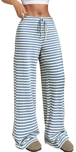 FEOYA Gestreifte Hosen Damen Casual Hosen Freizeithosen Sweathose mit Kordelzug Lang Yoga Sporthose A2 L von FEOYA