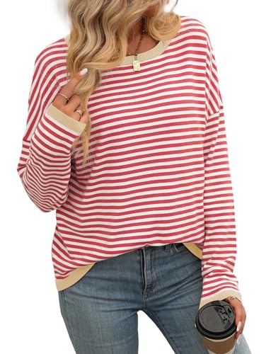 FEOYA Gestreiftes Strickpullover Damen Lässig Pullover Rundhals Sweatshirt Casual Langarmshirt Herbst Winter Oberteile Rot XXL von FEOYA
