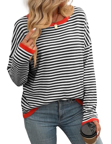 FEOYA Gestreiftes Strickpullover Damen Lässig Pullover Rundhals Sweatshirt Casual Langarmshirt Herbst Winter Oberteile Schwarz XXL von FEOYA