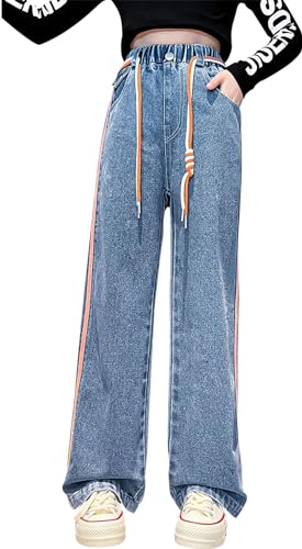 FEOYA Girl Jeans High Waist Denim Wide Leg Hosen Casual Pants Cargohose Y2k Baggy Hose Bootcut Jeanshose Weite Jeans Kinder Weit Beinschnitt Schlaghose mit Orangefarbene Streifen 170 von FEOYA