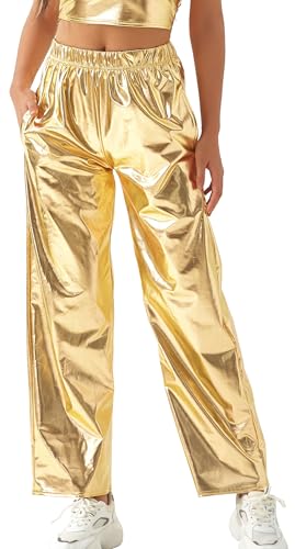 FEOYA Glänzende Metallic Hose Damen 80er 90er Lack Leder Wet Look Rave Hose Hologramm Hip Hop Tanzhose Clubwear Disco Party Karneval Gold M von FEOYA