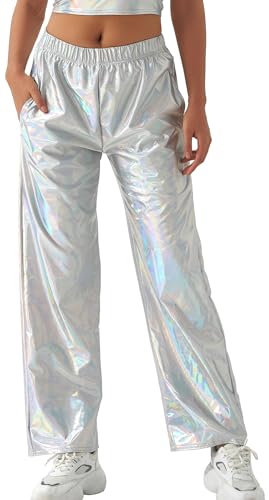 FEOYA Glänzende Metallic Hose Damen 80er 90er Lack Leder Wet Look Rave Hose Hologramm Hip Hop Tanzhose Clubwear Disco Party Karneval Laser Silber XXL von FEOYA