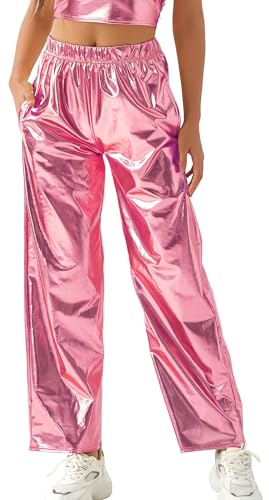FEOYA Glänzende Metallic Hose Damen 80er 90er Lack Leder Wet Look Rave Hose Hologramm Hip Hop Tanzhose Clubwear Disco Party Karneval Rosa L von FEOYA