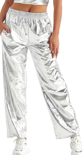 FEOYA Glänzende Metallic Hose Damen 80er 90er Lack Leder Wet Look Rave Hose Hologramm Hip Hop Tanzhose Clubwear Disco Party Karneval Silber XXL von FEOYA