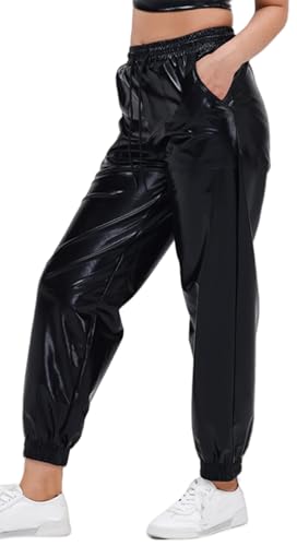 FEOYA Glänzende Metallic Jogger Hose Damen 80er 90er Jahre Glitzer Jogginghose Holografische Hip Hop Club Streethose Schwarz L von FEOYA