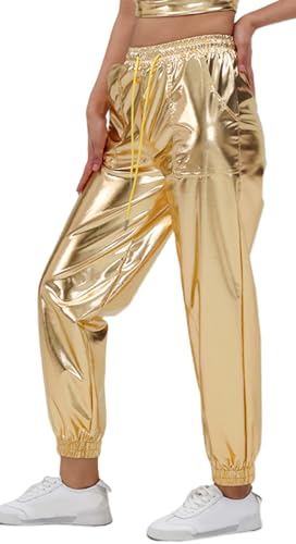 FEOYA Glänzende Metallic Jogger Hose für Damen Wetlook Glänzende Cargohose Lässige Street Sweatpant Tanz Disco Club Party Performance Kleidung Gold XL von FEOYA