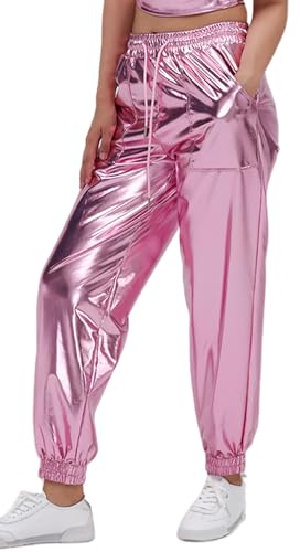 FEOYA Glänzende Metallic Jogger Hose für Damen Wetlook Glänzende Cargohose Lässige Street Sweatpant Tanz Disco Club Party Performance Kleidung Rosa XL von FEOYA
