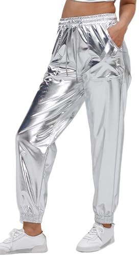 FEOYA Glänzende Metallic Jogger Hose für Damen Wetlook Glänzende Cargohose Lässige Street Sweatpant Tanz Disco Club Party Performance Kleidung Silber XXL von FEOYA