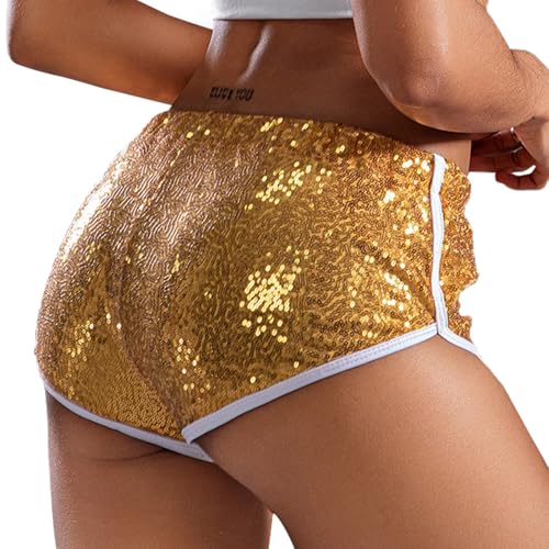 FEOYA Glitzer Pailletten Shorts Damen Sparkly Hot Pants Glitzernde Kurze Hose Eng Rave Shorts für Tanz Club Party Disco Festivals Karneval Gold L von FEOYA