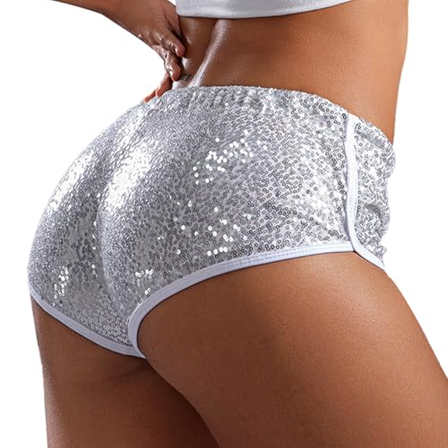 FEOYA Glitzer Pailletten Shorts Damen Sparkly Hot Pants Glitzernde Kurze Hose Eng Rave Shorts für Tanz Club Party Disco Festivals Karneval Silber XL von FEOYA
