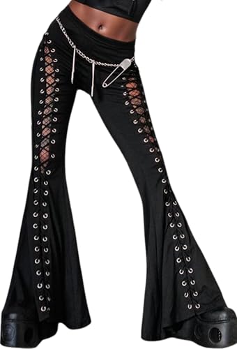 FEOYA Gothic Hose Damen Y2K Punk Hose Hohe Taille Flare Leggings Hose Grunge Schwarz Gothic Bell Bottoms Party Club Festival Kleidung C1 XL von FEOYA