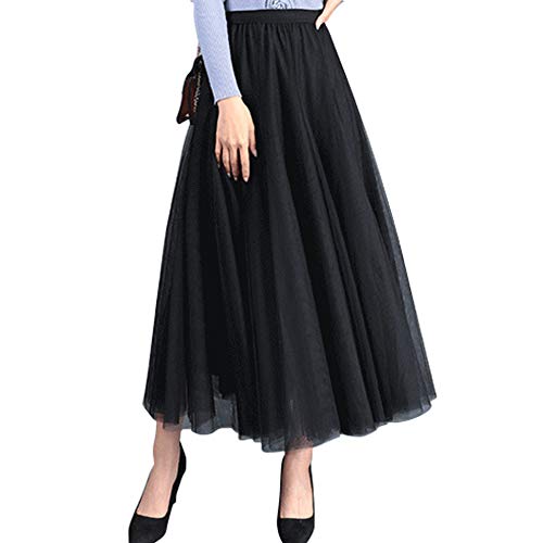 FEOYA Großer Saum Faltenrock Damen Tüllrock Weiche Tüll Petticoat A-Linie Elegant Lange Tutu Hohe Elastische Taille Midi-Rock Einheitsgröße - Schwarz von FEOYA