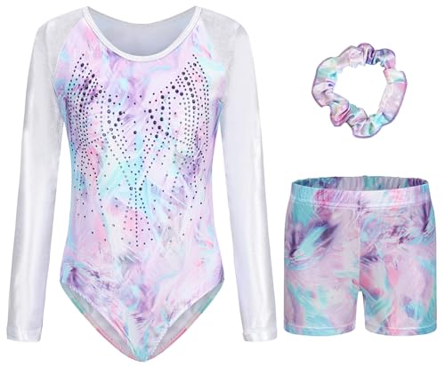 FEOYA Gymnastikanzug Kinder Mädchen Langarm Mädchen Turnanzug Turnshorts Haarband Set Tanz Gymnastik Training Dancewear 3er Set Kinder Glänzende Turnanzug mit Strasssteine B 9-10 Jahre von FEOYA