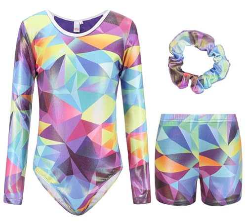 FEOYA Gymnastikanzug für Mädchen Turnanzug Kinder Mädchen Gymnastik Shorts für Haarband Set Bunte Tanzen Athletische Trikots Langarm Gymnastik Trikot Workout Bodysuit D 9-10 Jahre von FEOYA