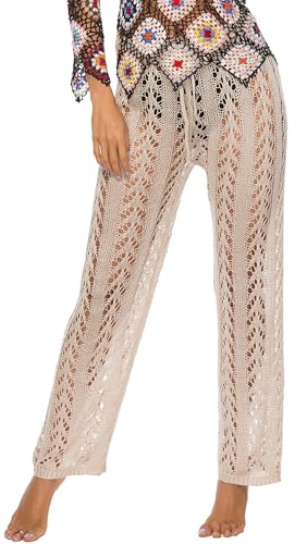 FEOYA Häkeln Sommerhose Damen Strand Cover Up Hose Gestrickt Durchsichtig Bikinihosen mit Elastischer Bund Hohe Taille Netzhose Boho Schlaghose Beige L von FEOYA
