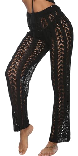 FEOYA Häkeln Sommerhose Damen Strand Cover Up Hose Gestrickt Durchsichtig Bikinihosen mit Elastischer Bund Hohe Taille Netzhose Boho Schlaghose Schwarz XL von FEOYA