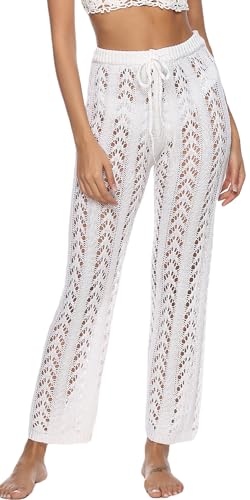 FEOYA Häkeln Sommerhose Damen Strand Cover Up Hose Gestrickt Durchsichtig Bikinihosen mit Elastischer Bund Hohe Taille Netzhose Boho Schlaghose Weiß S von FEOYA