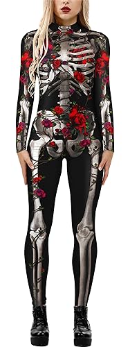 FEOYA Halloween Kostüm Damen Skelett Cosplay Catsuit Overall Knochen Anzug Karneval - L von FEOYA