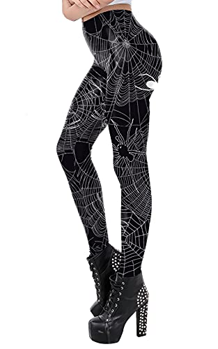 FEOYA Halloween Leggings Damen Stretchy Strumpfhosen Skinny Bleistifthose Hose 3D Druck Kürbis Galaxy Meerjungfrau Schädel Spinne Fisch Schuppen S-XL, Spinnwebspinne., XL von FEOYA