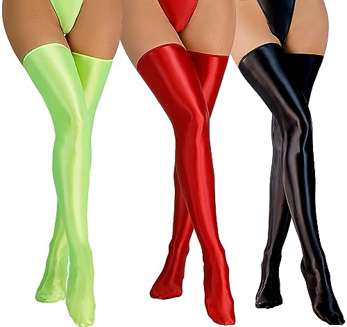 FEOYA Halterlose Strümpfe Damen Öl Glänzend Glanz Halterlose Overknee Strümpfe Clubwear Party Karneval Dessous Strümpfe Stockings Sexy 3 Paar von FEOYA