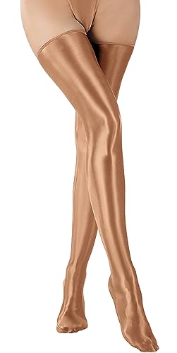 FEOYA Halterlose Strümpfe Damen Öl Glänzend Glanz Halterlose Overknee Strümpfe Clubwear Party Karneval Dessous Strümpfe Stockings Sexy Braun von FEOYA