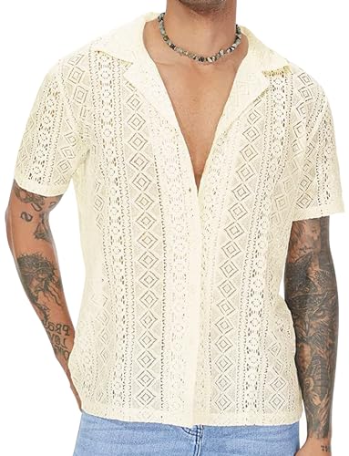 FEOYA Hemd Kurzarm Herren Sommer Spitze Tank Top Muskel Spitzenhemd Freizeithemd Nachtclub Party Tops Tag XL=EU L von FEOYA