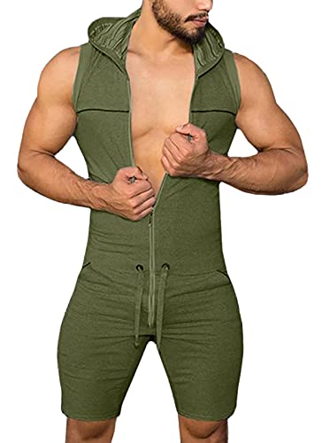 FEOYA Herren Ärmellos Strampler Overall Sommerjumpsuit Anzug Einteiler Reißverschluss Hoodie Kordelzug Männer Ganzkörperanzug Ärmellos Weste und Kurz Hose mit Kapuzen-Grün-L von FEOYA