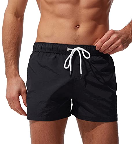 FEOYA Herren Beachshorts Reißverschlusstasche Strand Shorts Atmungsaktiv Badehose Badeshorts Schwimmhose Schwimmshorts Schnelltrocknend mit Verstellbarem Tunnelzug Wasserabweisend-Schwarz-L von FEOYA