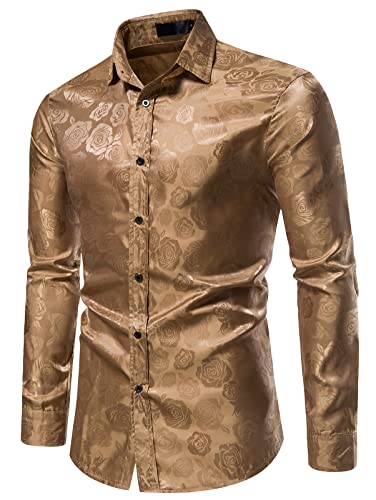 FEOYA Herren Blumenhemden Langarm Floral Muster Freizeithemd Satin Button Down Freizeithemden Mode Hemd für Herren Party Bar Hochzeit Leistung Khaki L von FEOYA