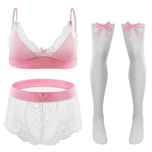 FEOYA Herren Dessous 3-teiliges Dessous Set Sexy BH und Durchsichtige Dessous Slips Set Sissy Dessous Crossdresser Transparente Spitze BH Top Slips mit Langen Strümpfen Unterwäsche Set Rosa Weiß 3XL von FEOYA