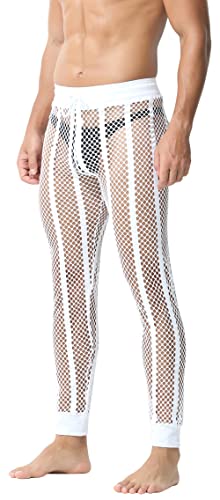 FEOYA Herren Fischnetzhose Leggings Sexy Transparent Mesh Pantyhose Sport Unterwäsche Hose Männer Schlafanzug Unterwäsche Mesh durchsichtige Lange Hose Weiß L von FEOYA