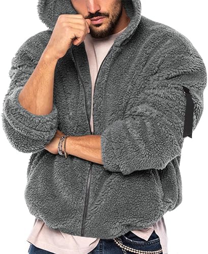 FEOYA Herren Flauschige Jacken Langarm-Fleece Teddy-Fell Sweat-Jacke Warm Plüsch Kapuzenjacke Tiefes Grau M von FEOYA