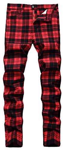 FEOYA Herren-Chinohose mit geradem Bein, kariert, lässig, schmale Passform, hohe Elastizität, Baumwolle, mittlere Taille, klassisch, hochwertig, für alle Jahreszeiten, Größe 28-42, 02 weinrot, 42 von FEOYA