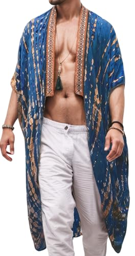 FEOYA Herren Kimono Robe Sommer Strand Lange Strickjacke Bedruckter Bademantel Leichter Kimono mit offener Front Jacke Mantel für Strand Pool Party Reise Urlaub Stil A Blau L von FEOYA