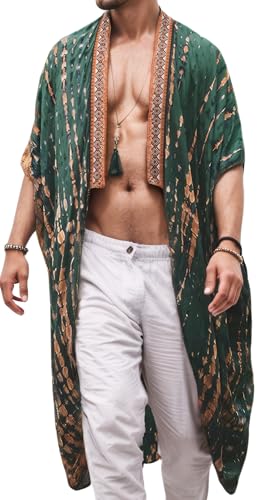 FEOYA Herren Kimono Robe Sommer Strand Lange Strickjacke Bedruckter Bademantel Leichter Kimono mit offener Front Jacke Mantel für Strand Pool Party Reise Urlaub Stil A Grün M von FEOYA
