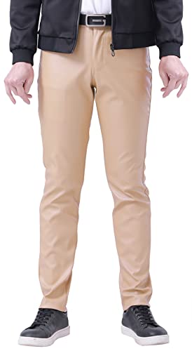 FEOYA Herren Kunstleder Hosen Seradem Bein Elastisch PU Leder Hosen Nachtclub Cosplay Bleistifthose Khaki 36 von FEOYA