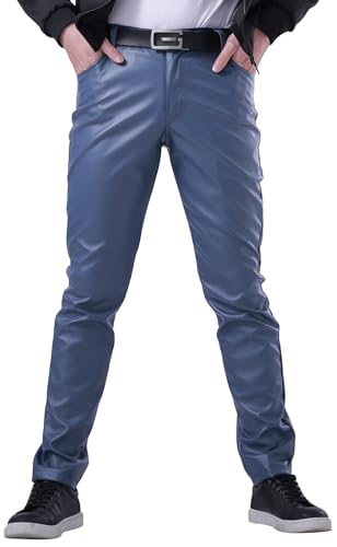 FEOYA Herren Kunstleder Hosen Slim Fit Stretch Hose aus PU Leder mit Taschen Faux Lederhose Herren Lederjeans Lang Bikerhose Blau 33 Bleistifthose Enge Hose Elastisch Motorrad Cosplay Sommer Frühling von FEOYA