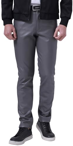 FEOYA Herren Kunstleder Hosen Slim Fit Stretch Hose aus PU Leder mit Taschen Faux Lederhose Herren Lederjeans Lang Bikerhose Grau 35 Bleistifthose Enge Hose Elastisch Motorrad Cosplay Sommer Frühling von FEOYA