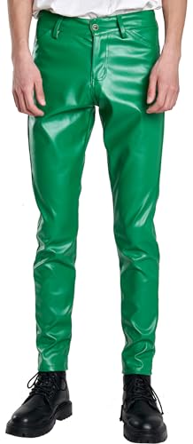 FEOYA Herren Kunstleder Hosen Slim Fit Stretch Hose aus PU Leder mit Taschen Faux Lederhose Herren Lederjeans Lang Bikerhose Grün 34 Bleistifthose Enge Hose Elastisch Motorrad Cosplay Sommer Frühling von FEOYA