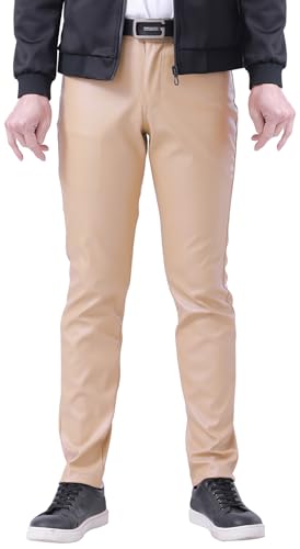 FEOYA Herren Kunstleder Hosen Slim Fit Stretch Hose aus PU Leder mit Taschen Faux Lederhose Herren Lederjeans Lang Bikerhose Khaki 33 Bleistifthose Enge Hose Elastisch Motorrad Cosplay Sommer Frühling von FEOYA