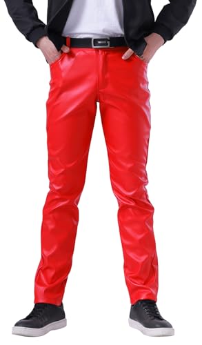 FEOYA Herren Kunstleder Hosen Slim Fit Stretch Hose aus PU Leder mit Taschen Faux Lederhose Herren Lederjeans Lang Bikerhose Rot 35 Bleistifthose Enge Hose Elastisch Motorrad Cosplay Sommer Frühling von FEOYA