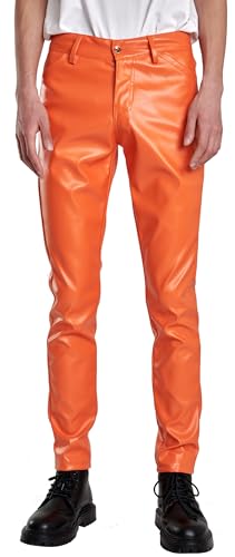 FEOYA Herren Kunstleder Hosen Slim Fit Stretch Hose aus PU Leder mit Taschen Faux Lederhose Lederjeans Lang Bikerhose Orange 32 Bleistifthose Enge Hose Elastisch Motorrad Cosplay Sommer Frühling von FEOYA