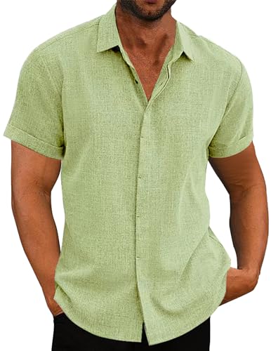 FEOYA Herren Kurzärmelige Hemden Casual Button Down Kurzärmeliges Hemd Regular Fit Leinen Hemden Solides Hemd Leichtes Sommerhemd Strandhemd Urlaubshemd Grün XXL von FEOYA