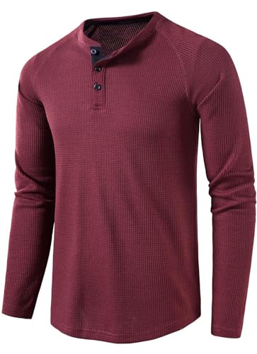 FEOYA Herren Langarm Tops Kragenlose Slim Fit T Shirts Waffel Henley Hemd Für Frühling Herbst Winter Rot XL von FEOYA