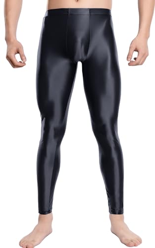 FEOYA Herren Leggings Glossy Strumpfhosen Ölig Glanz Tights Lang Hosen Übergröße Sporthose Yoga Unterhose Slim XL Schwarz von FEOYA