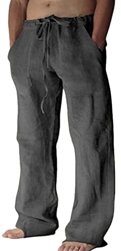 FEOYA Herren Leinenhose Leichte Sommerhose Lässige Yoga-Strandhose mit lockerer Passform und Kordelzug Baggy-Hose mit elastischem Bund Deep Grey M von FEOYA