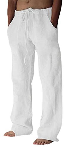 FEOYA Herren Leinenhose Leichte Sommerhose Lässige Yoga-Strandhose mit lockerer Passform und Kordelzug Baggy-Hose mit elastischem Bund White M von FEOYA