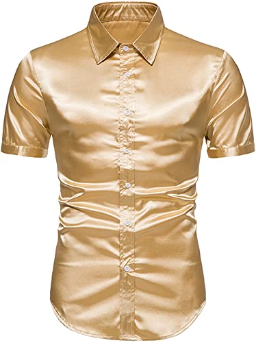 FEOYA Herren Luxus glänzend Kleid Hemden Seide wie Satin Kurze Ärmel Hemden Nacht Club Party Disco Prom Shirt A-Gelb XXL von FEOYA