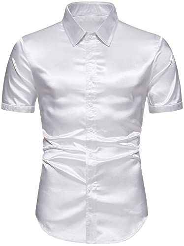 FEOYA Herren Luxus glänzend Kleid Hemden Seide wie Satin Kurze Ärmel Hemden Nacht Club Party Disco Prom Shirt A-Weiß L von FEOYA